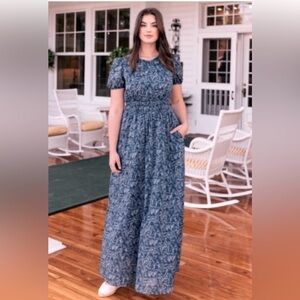 Gal Meets Glam Giselle Floral Botanical Maxi Dress Navy Ivory Sz 4